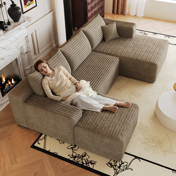 English Elm 103 Inch L Shaped Sectional Sofa in Plush Corduroy for Modern Living Rooms Camel B W2824S00356