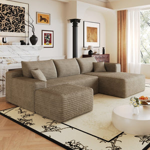 English Elm 103 Inch L Shaped Sectional Sofa in Plush Corduroy for Modern Living Rooms Camel B W2824S00356