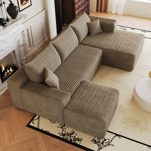 English Elm 103 Inch L Shaped Sectional Sofa in Plush Corduroy for Modern Living Rooms Camel B W2824S00356