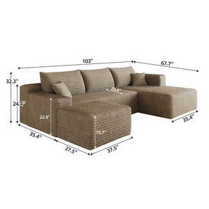 English Elm 103 Inch L Shaped Sectional Sofa in Plush Corduroy for Modern Living Rooms Camel B W2824S00356
