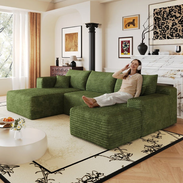 English Elm 103 Inch L Shaped Sectional Sofa in Plush Corduroy for Modern Living Rooms Green A W2824S00358