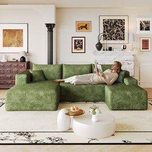 English Elm 103 Inch L Shaped Sectional Sofa in Plush Corduroy for Modern Living Rooms Green A W2824S00358