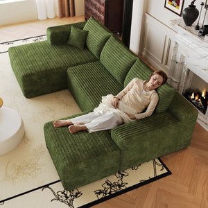 English Elm 103 Inch L Shaped Sectional Sofa in Plush Corduroy for Modern Living Rooms Green A W2824S00358