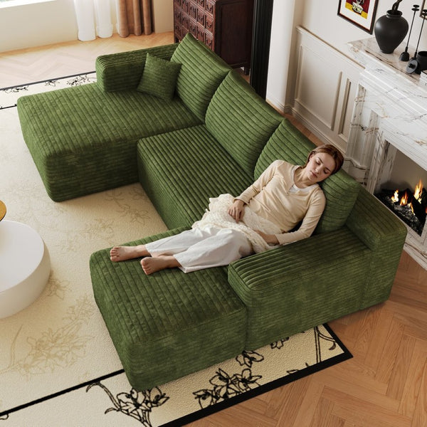 English Elm 103 Inch L Shaped Sectional Sofa in Plush Corduroy for Modern Living Rooms Green A W2824S00358