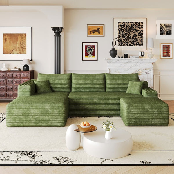 English Elm 103 Inch L Shaped Sectional Sofa in Plush Corduroy for Modern Living Rooms Green A W2824S00358