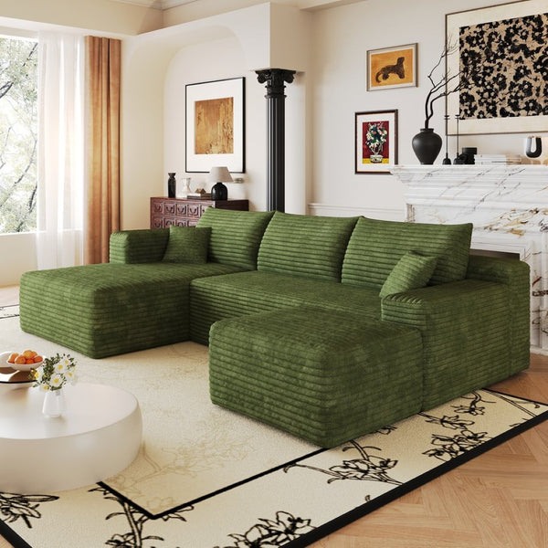 English Elm 103 Inch L Shaped Sectional Sofa in Plush Corduroy for Modern Living Rooms Green A W2824S00358