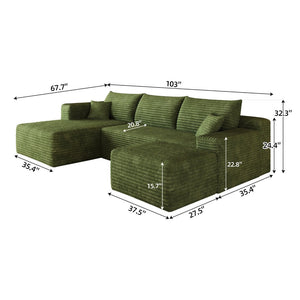 English Elm 103 Inch L Shaped Sectional Sofa in Plush Corduroy for Modern Living Rooms Green A W2824S00358