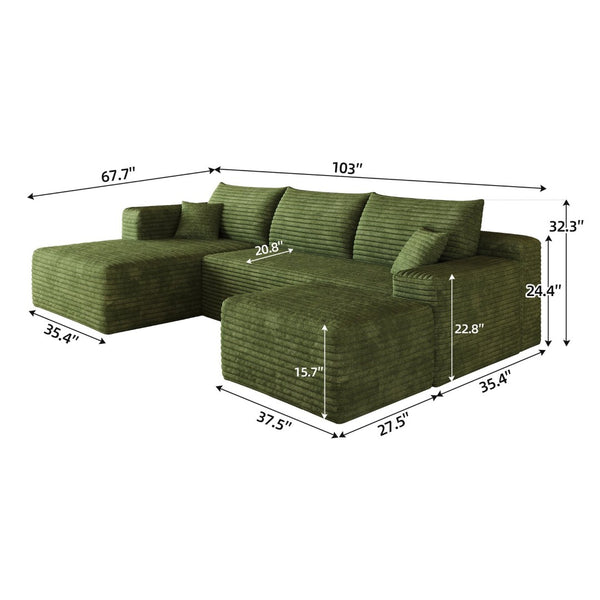 English Elm 103 Inch L Shaped Sectional Sofa in Plush Corduroy for Modern Living Rooms Green A W2824S00358