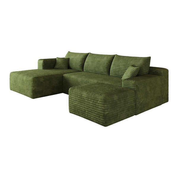English Elm 103 Inch L Shaped Sectional Sofa in Plush Corduroy for Modern Living Rooms Green A W2824S00358