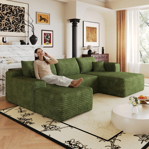 English Elm 103 Inch L Shaped Sectional Sofa in Plush Corduroy for Modern Living Rooms Green B W2824S00360