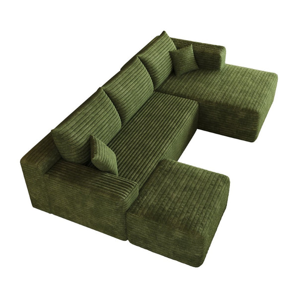English Elm 103 Inch L Shaped Sectional Sofa in Plush Corduroy for Modern Living Rooms Green B W2824S00360