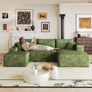 English Elm 103 Inch L Shaped Sectional Sofa in Plush Corduroy for Modern Living Rooms Green B W2824S00360