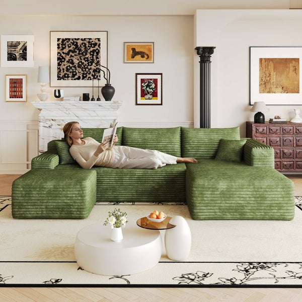 English Elm 103 Inch L Shaped Sectional Sofa in Plush Corduroy for Modern Living Rooms Green B W2824S00360
