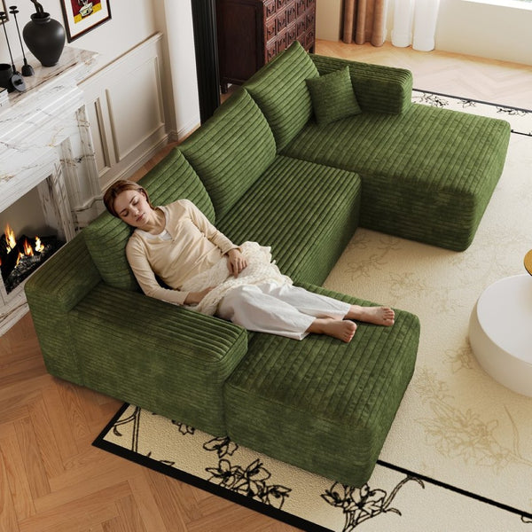 English Elm 103 Inch L Shaped Sectional Sofa in Plush Corduroy for Modern Living Rooms Green B W2824S00360
