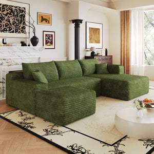 English Elm 103 Inch L Shaped Sectional Sofa in Plush Corduroy for Modern Living Rooms Green B W2824S00360