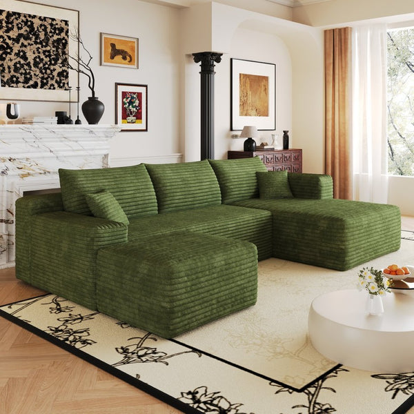 English Elm 103 Inch L Shaped Sectional Sofa in Plush Corduroy for Modern Living Rooms Green B W2824S00360