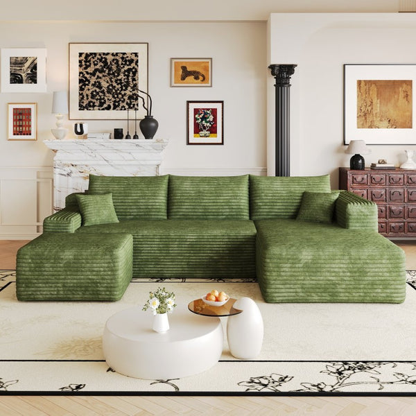 English Elm 103 Inch L Shaped Sectional Sofa in Plush Corduroy for Modern Living Rooms Green B W2824S00360