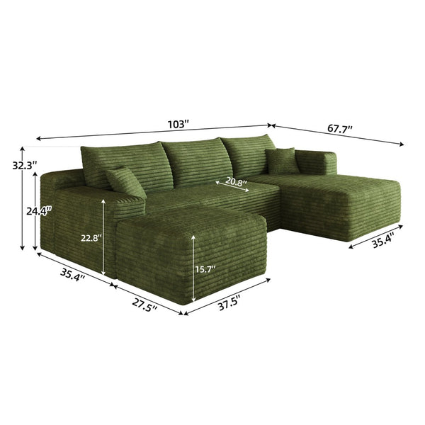 English Elm 103 Inch L Shaped Sectional Sofa in Plush Corduroy for Modern Living Rooms Green B W2824S00360
