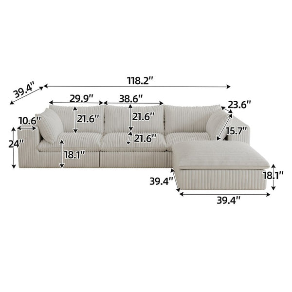 English Elm 118.2 Inch Modular Cloud Sofa Corduroy Upholstered Deep Seat Lounge for Living Room W2824S00365