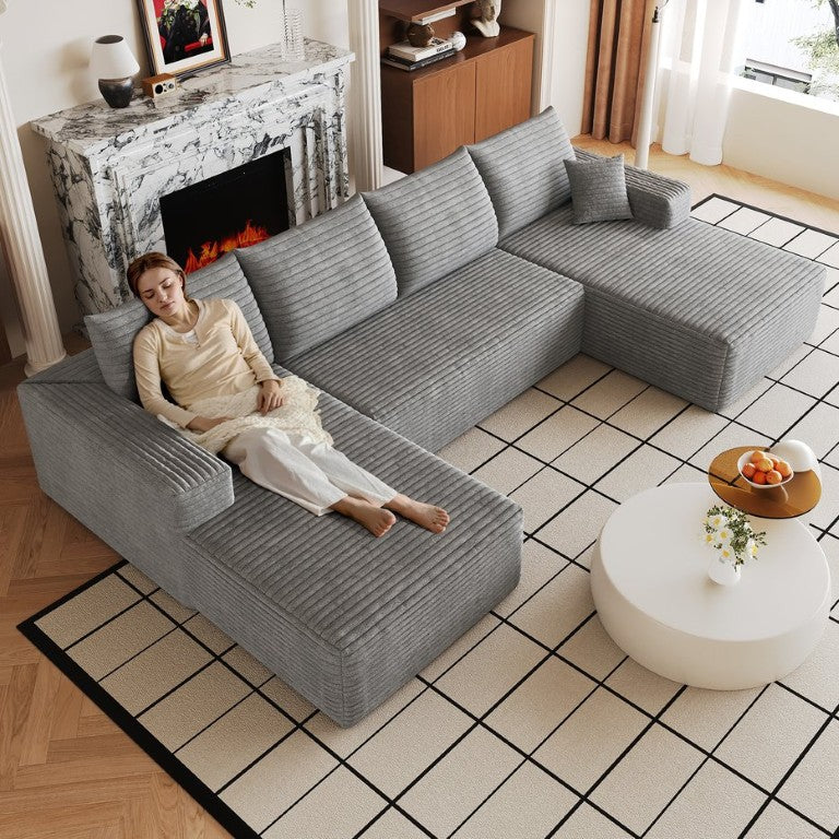 English Elm Cloud Modular Sectional Sofa Plush Corduroy Upholstered Deep Seat Living Room Couch Grey 134 x 68.9 x 32.7 inches W2824S00375