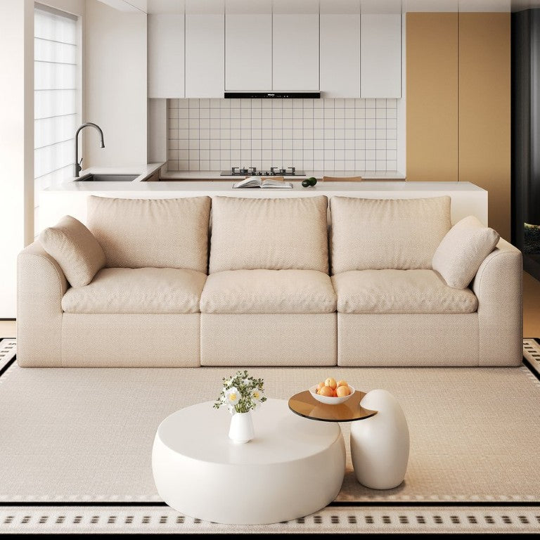 English Elm 108.3 Inch Modular Cloud Sofa Linen Three Seater with Removable Covers for Living Room Khaki W2824S00382
