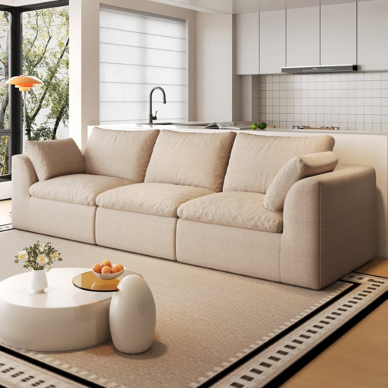 English Elm 108.3 Inch Modular Cloud Sofa Linen Three Seater with Removable Covers for Living Room Khaki W2824S00382