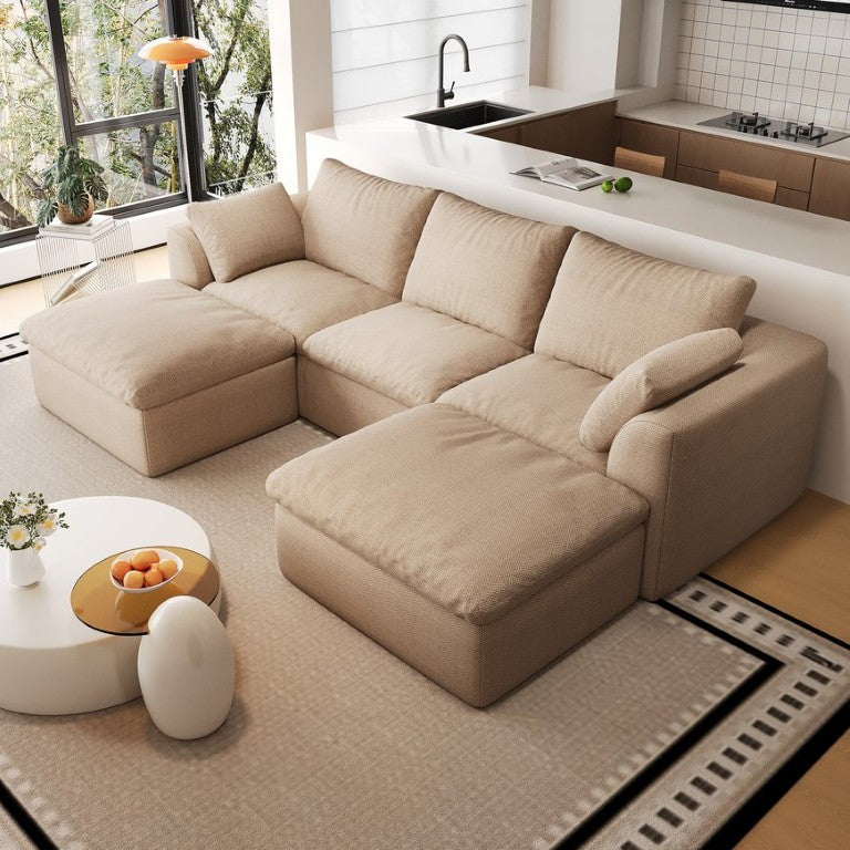 English Elm 108.3 Modular Cloud Sectional Linen Sofa with Chaise for Modern Living Rooms 5-Seater U-Shaped with Double Chaise Lounge W2824S00384