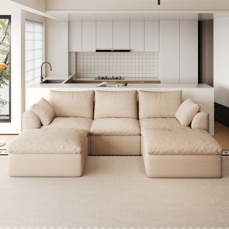 English Elm 108.3 Modular Cloud Sectional Linen Sofa with Chaise for Modern Living Rooms 5-Seater U-Shaped with Double Chaise Lounge W2824S00384