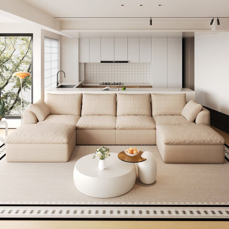 English Elm 137.9 Inch Linen Cloud Sectional Sofa with Chaise for Modern Living Rooms 6-Seater U-Shaped with Double Chaise Lounge W2824S00387