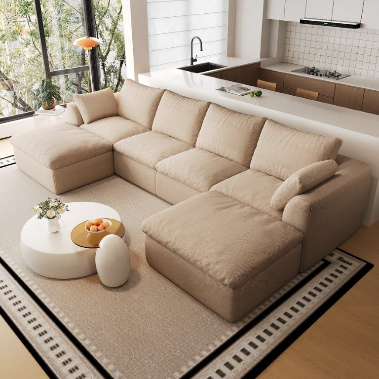 English Elm 137.9 Inch Linen Cloud Sectional Sofa with Chaise for Modern Living Rooms 6-Seater U-Shaped with Double Chaise Lounge W2824S00387