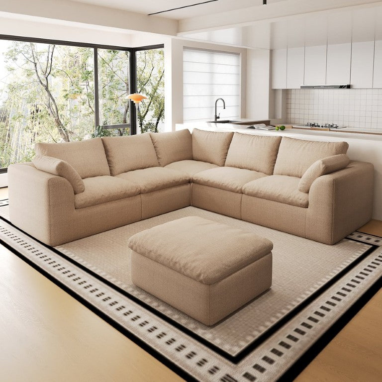 English Elm 108.3 Inch V Shape Modular Cloud Sectional Sofa Six Seat Linen Couch with Ottoman W2824S00389