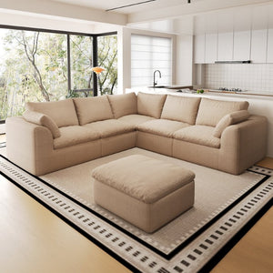 English Elm 108.3 Inch V Shape Modular Cloud Sectional Sofa Six Seat Linen Couch with Ottoman W2824S00389