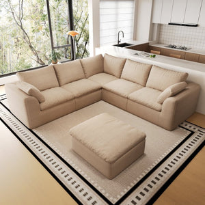 English Elm 108.3 Inch V Shape Modular Cloud Sectional Sofa Six Seat Linen Couch with Ottoman W2824S00389