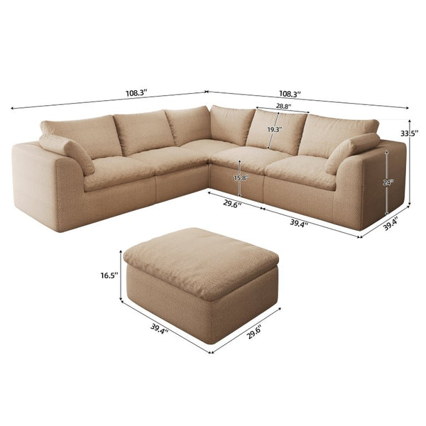 English Elm 108.3 Inch V Shape Modular Cloud Sectional Sofa Six Seat Linen Couch with Ottoman W2824S00389