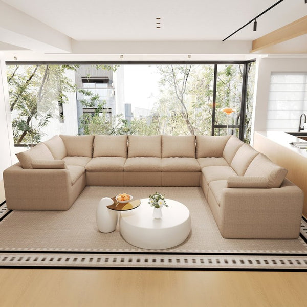 English Elm 167.5 Inch U-Shaped Modular Cloud Sectional Linen Sofa Seating Eight with Washable Covers W2824S00391