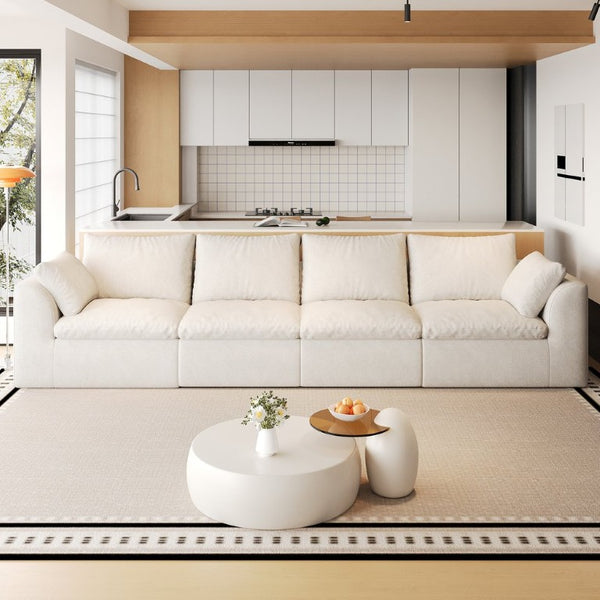 English Elm 137.9 Inch Modular Sectional Four Seat Woven Linen Sofa Deep Lounge for Living Room W2824S00396