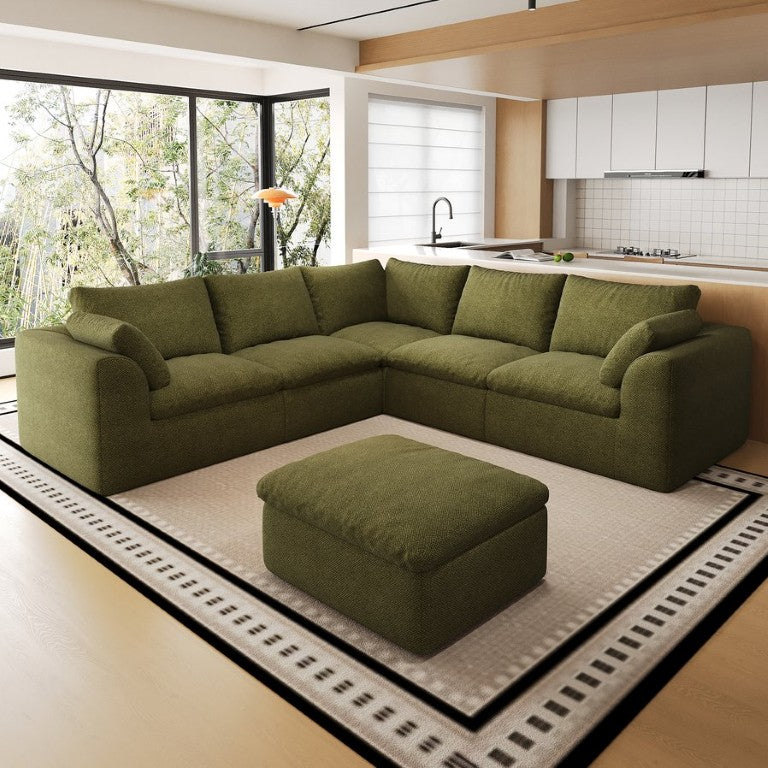 English Elm 108.3 Inch V Shape Modular Sectional Sofa Woven Linen Deep Seat Corner Couch With Ottoman W2824S00411