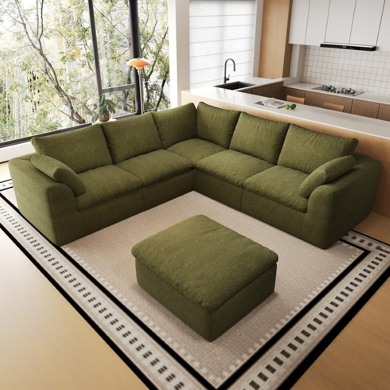 English Elm 108.3 Inch V Shape Modular Sectional Sofa Woven Linen Deep Seat Corner Couch With Ottoman W2824S00411