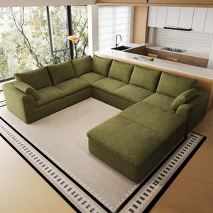 English Elm 108.3 Inch U Shaped Modular Sectional with Ottoman Woven Linen 8 Seat Living Room Sofa W2824S00412