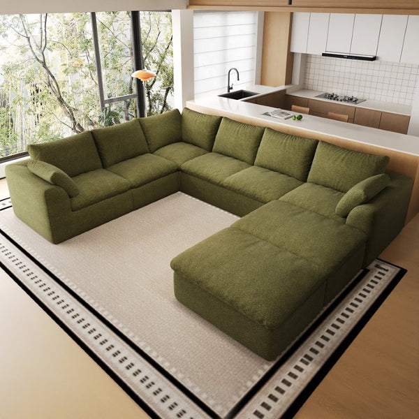 English Elm 108.3 Inch U Shaped Modular Sectional with Ottoman Woven Linen 8 Seat Living Room Sofa W2824S00412