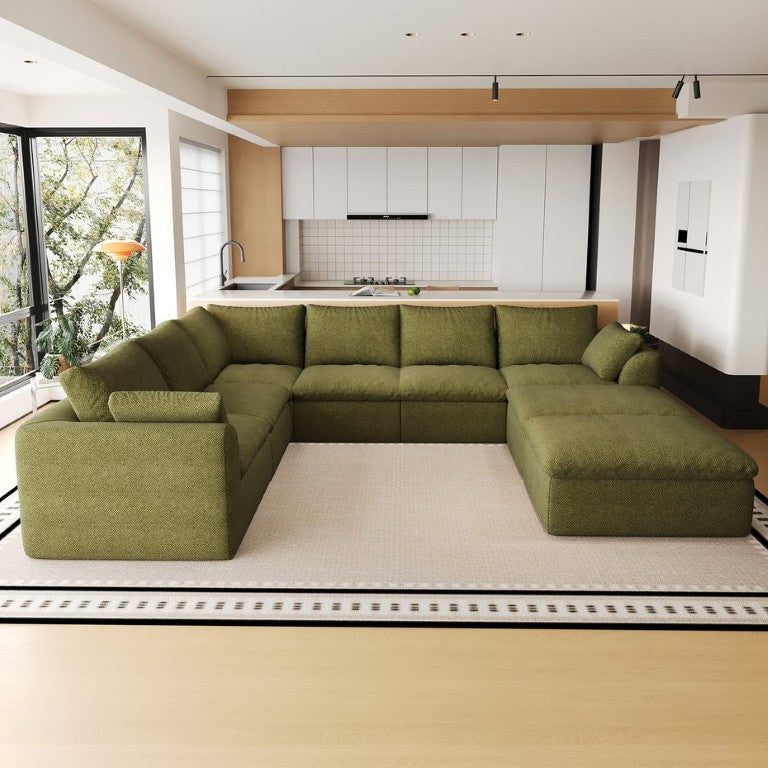 English Elm 108.3 Inch U Shaped Modular Sectional with Ottoman Woven Linen 8 Seat Living Room Sofa W2824S00412