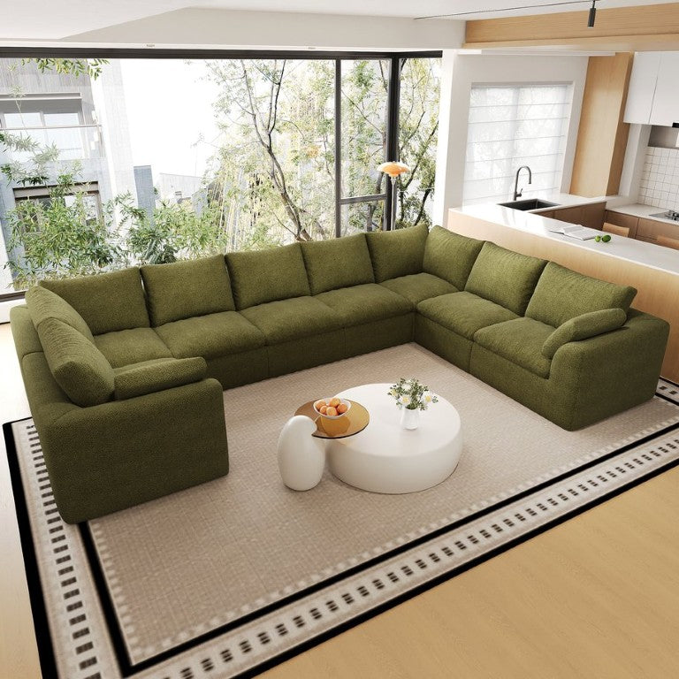 English Elm 167.6 Inch U Shaped Modular Sectional with Chaise Olive Linen 8 Seat Living Room W2824S00413
