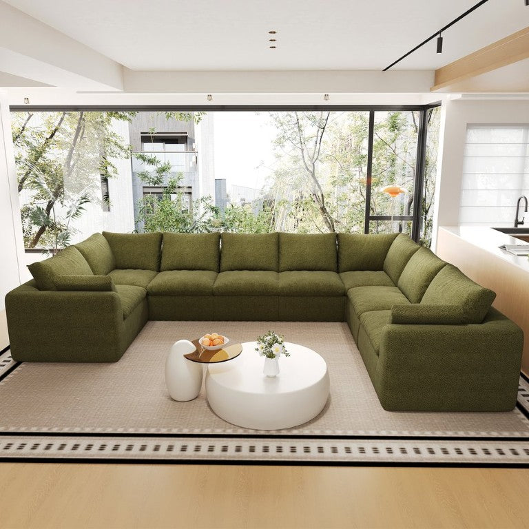 English Elm 167.6 Inch U Shaped Modular Sectional with Chaise Olive Linen 8 Seat Living Room W2824S00413