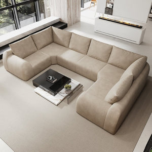 English Elm 135.5 Inch U Shaped Cloud Sectional Sofa in Chenille Six Seat Living Room Couch Khaki W2824S00419