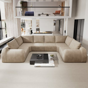 English Elm 135.5 Inch U Shaped Cloud Sectional Sofa in Chenille Six Seat Living Room Couch Khaki W2824S00419
