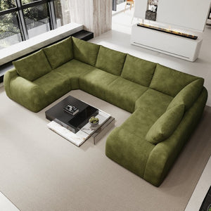 English Elm 135.5 Inch U Shaped Cloud Sectional Sofa in Chenille Six Seat Living Room Couch Dark Green W2824S00423