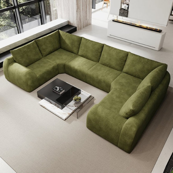 English Elm 135.5 Inch U Shaped Cloud Sectional Sofa in Chenille Six Seat Living Room Couch Dark Green W2824S00423