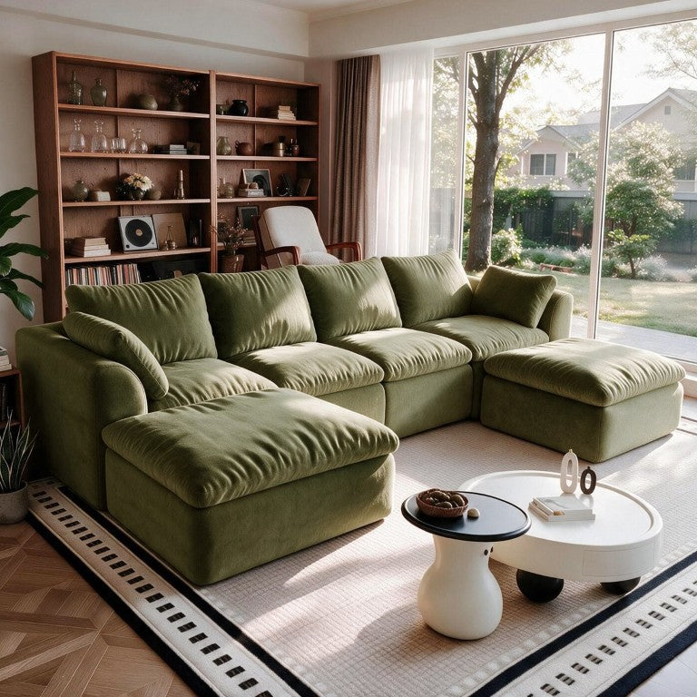 English Elm 122.1 Inch L-Shaped Modular Sectional Six-Seat Deep Sofa in Woven Linen Fabric Olive Green W2824S00427