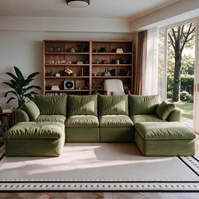 English Elm 122.1 Inch L-Shaped Modular Sectional Six-Seat Deep Sofa in Woven Linen Fabric Olive Green W2824S00427