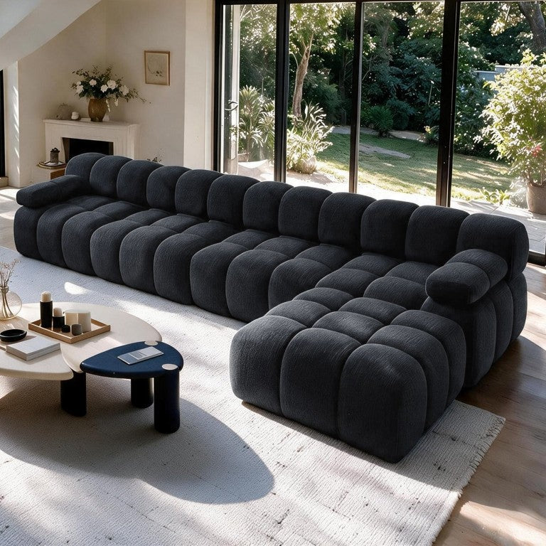 English Elm Y176-4Seater-1O-Blue Four Seat Sectional Plush Schnellertex Fabric Low Profile Living Room Dark Grey W2824S00440